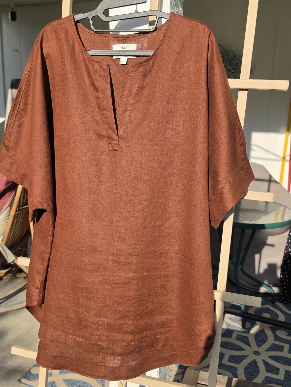 Mark & Spencer Brown Pure Linen Lagenlook V-Neck Popover Blouse Top Size 16
